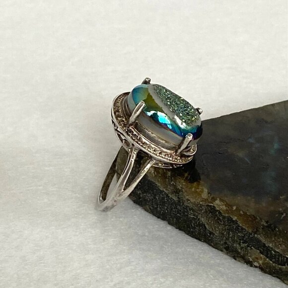 Sterling Silver 925 STS Oval Titanium Aura Quartz Druzy Ring Sz 8.5 - Picture 6 of 16